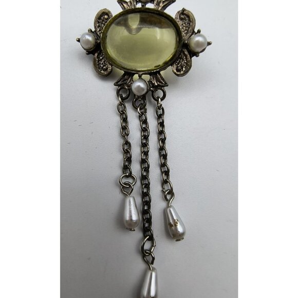 Vintage Silver-Tone Brooch W/ Yellow Glass Cabochon Faux Pearl Accents & Chain - Picture 2 of 6